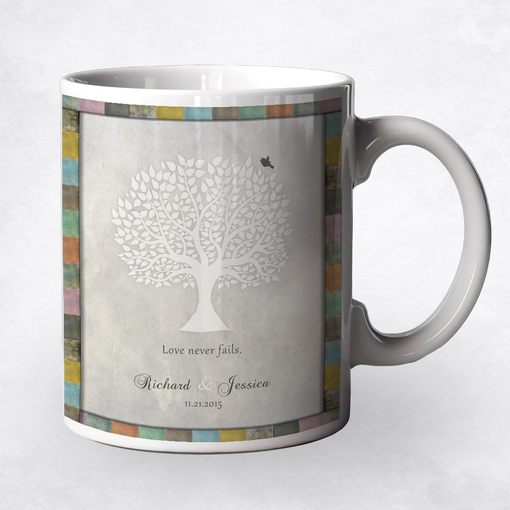 Closeup image of White Silhouette Tree  anniversary Coffee Mug M-1519