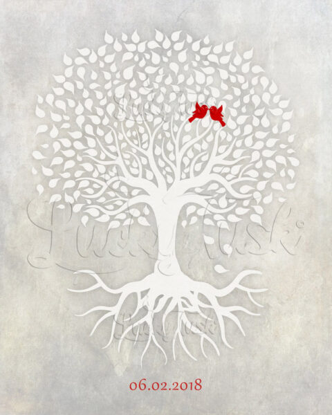 Anniversary, White Minimalist Tree With Rotos, Red Love Birds, Gift For Couple #LT-1527