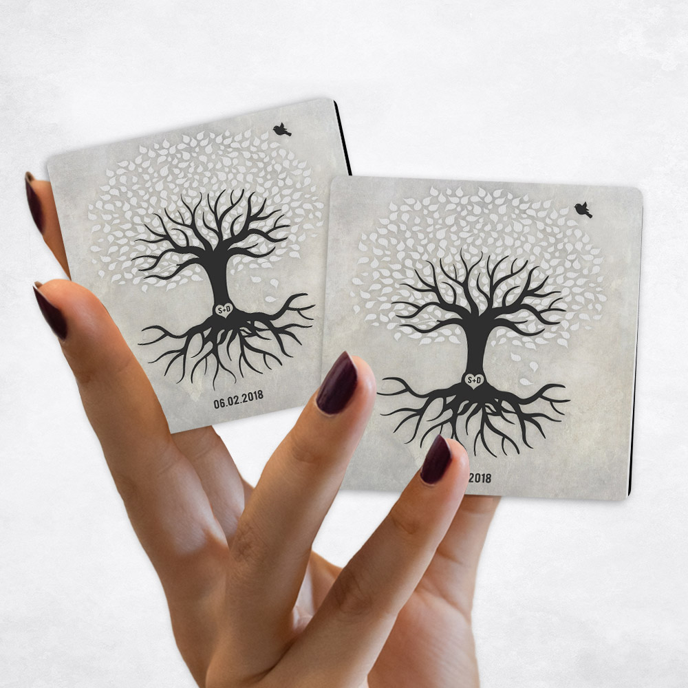 Close up picture of anniversary White and Black Tree with Roots on Stone Magnet Set MAG-1529