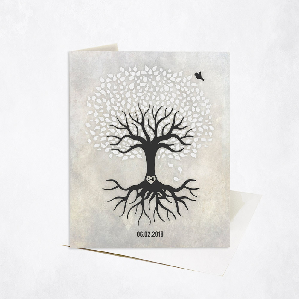 Picture of Black and White Minimalist Tree with Roots anniversary Stationery Card C-1529