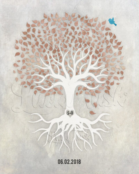 Anniversary, Taupe And White Minimalist Tree With Rotos, Blue Bird, Gift For Couple #LT-1530
