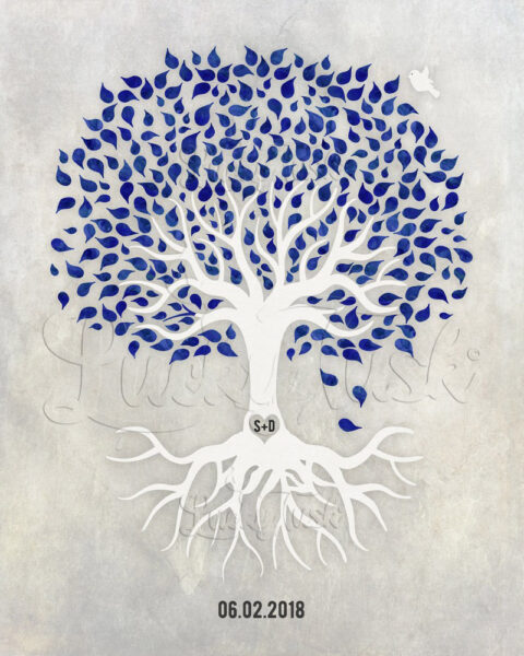 Anniversary, Navy Blue And White Minimalist Tree With Rotos, White Dove, Gift For Couple #LT-1531