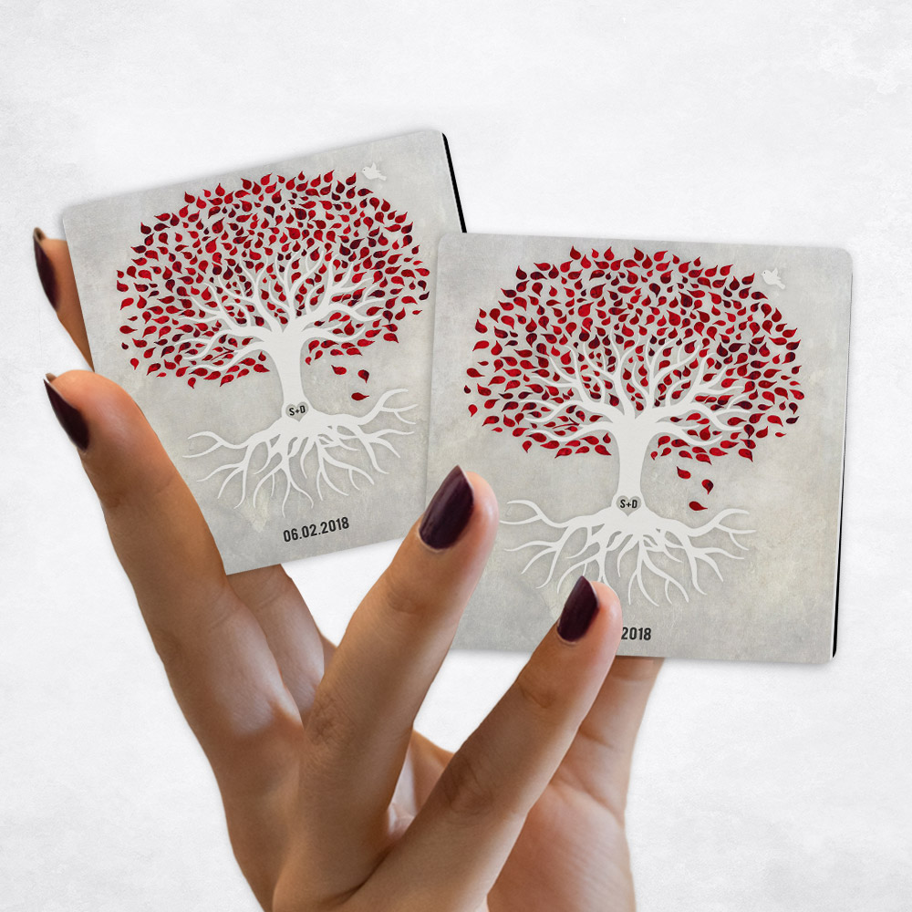 Close up picture of anniversary Watercolor Red and White Tree with Roots on Stone Magnet Set MAG-1533