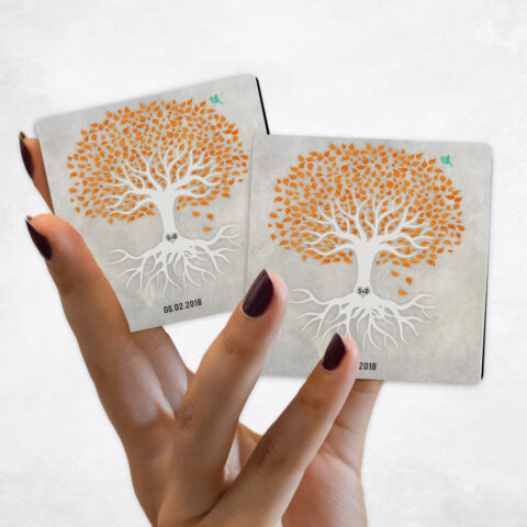 anniversary Watercolor Orange and White Tree with Roots on Stone Magnet Set MAG-1534