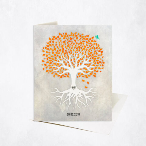 Watercolor Orange and White Minimalist Tree with Roots anniversary Stationery Card-1534