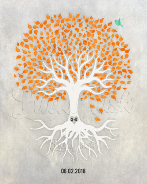 Anniversary, Orange And White Minimalist Tree With Rotos, Blue Bird, Gift For Couple #LT-1534