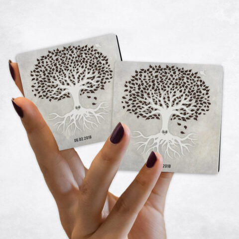 anniversary Watercolor Brown and White Tree with Roots on Stone Magnet Set MAG-1535