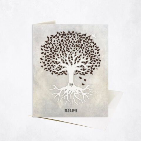 Watercolor Brown and White Minimalist Tree with Roots anniversary Stationery Card-1535