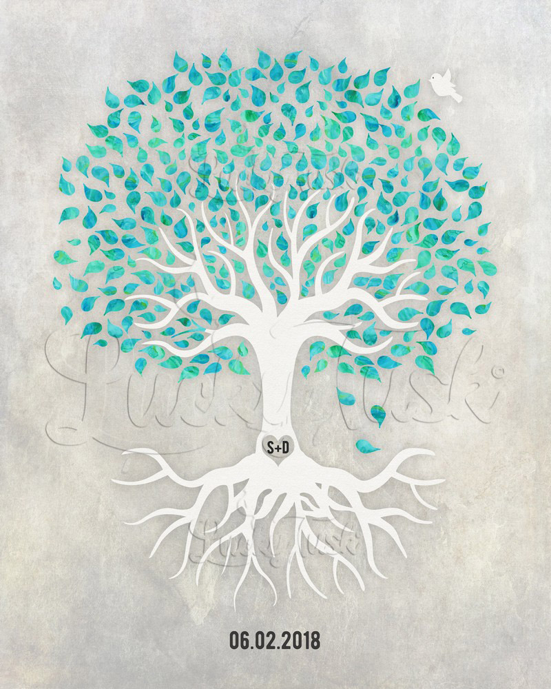 Watercolor Turquoise and White Minimalist Tree with Roots on Stone anniversary Wall Plaque LTC-1536