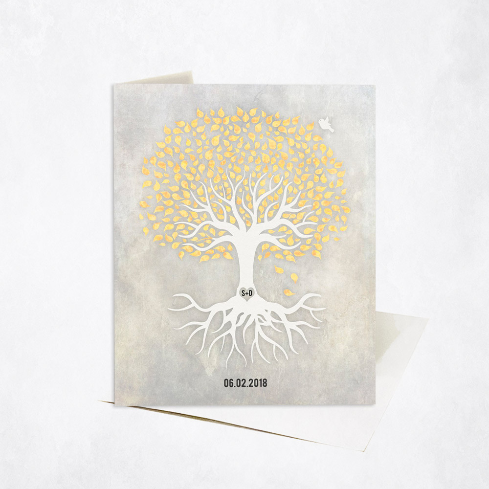 Picture of Citrine Yellow and White Minimalist Tree with Roots anniversary Stationery Card C-1537