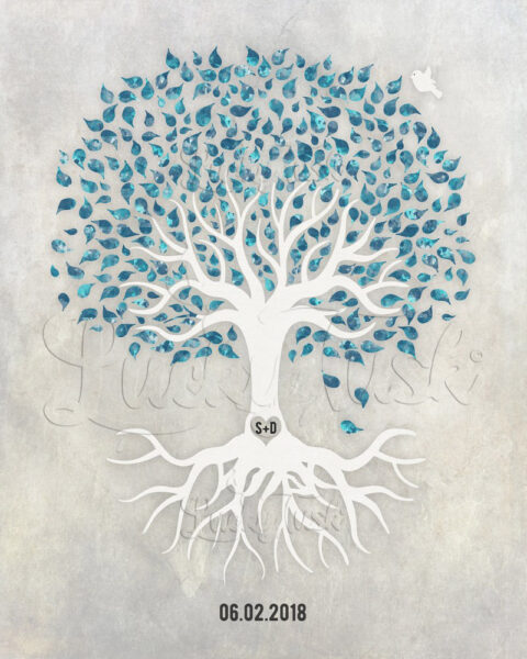September Anniversary, Sapphire And Teal Minimalist Tree With Rotos, Blue Bird, Gift For Couple. #LT-1538