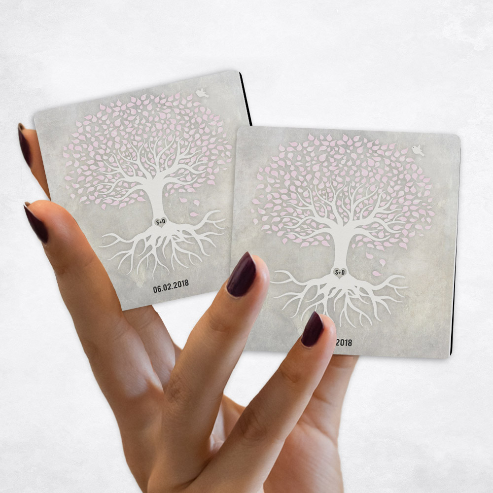 Close up picture of anniversary Pink and White Tree with Roots on Stone Magnet Set MAG-1540