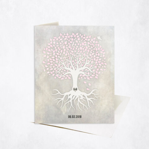 Pink and White Minimalist Tree with Roots anniversary Stationery Card-1540