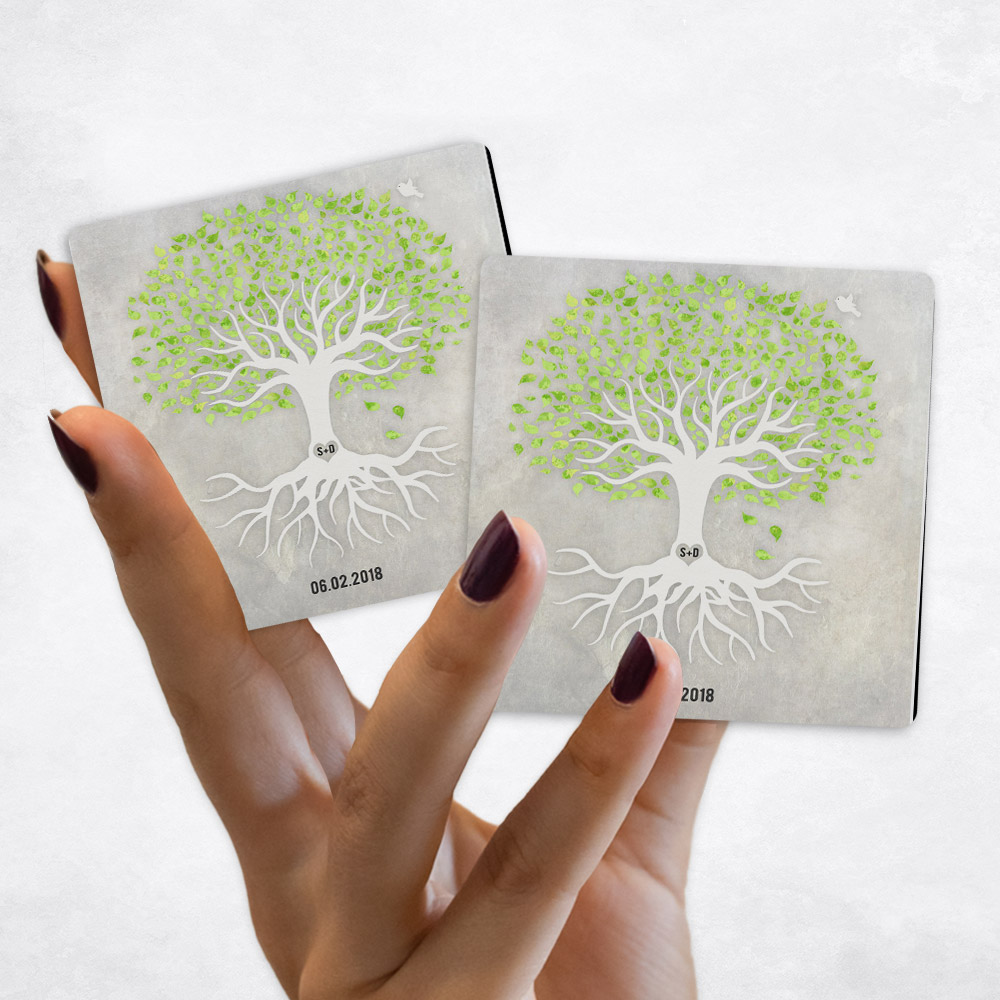 Close up picture of anniversary Green and White Tree with Roots on Stone Magnet Set MAG-1543