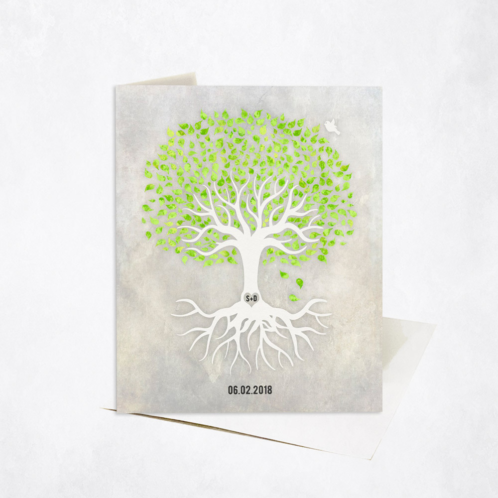 Picture of Green and White Minimalist Tree with Roots anniversary Stationery Card C-1543