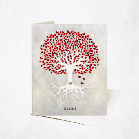 Garnet Red and White Minimalist Tree with Roots anniversary Stationery Card-1546