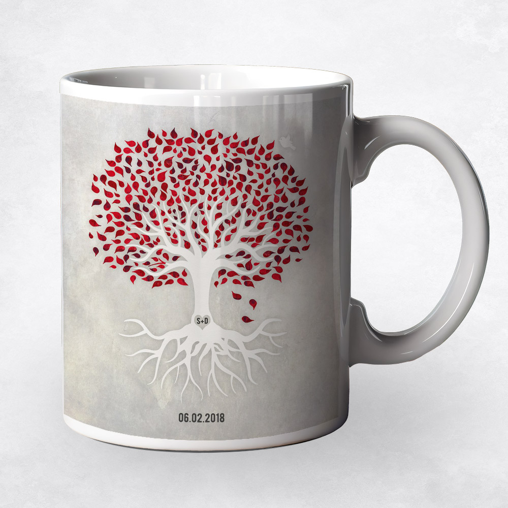 Closeup image of Garnet Red and White Tree with Roots  anniversary Coffee Mug M-1546