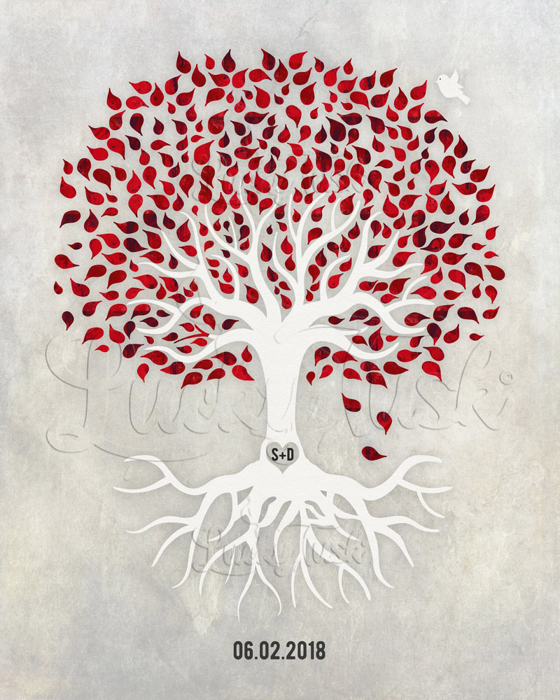 Garnet Red and White Minimalist Tree with Roots on Stone anniversary Wall Plaque LTC-1546