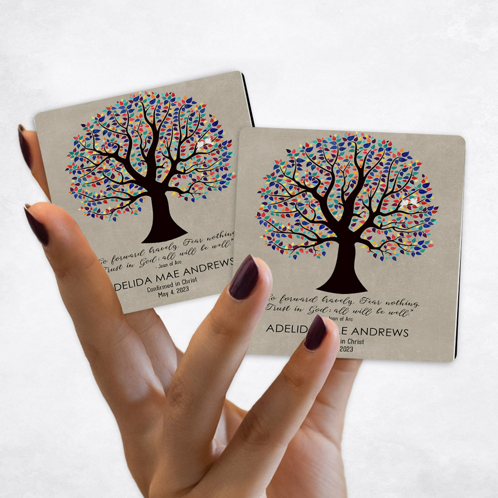 Close up picture of Faith Milestones Colorful Decorative Tree on Stone Magnet Set MAG-1560