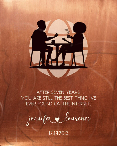 Internet Café, Silhouette Couple on Copper, 7 Year Anniversary, Personalized 7th Anniversary, Copper Anniversary Gift, Couple Portrait, Gay, Straight #1565