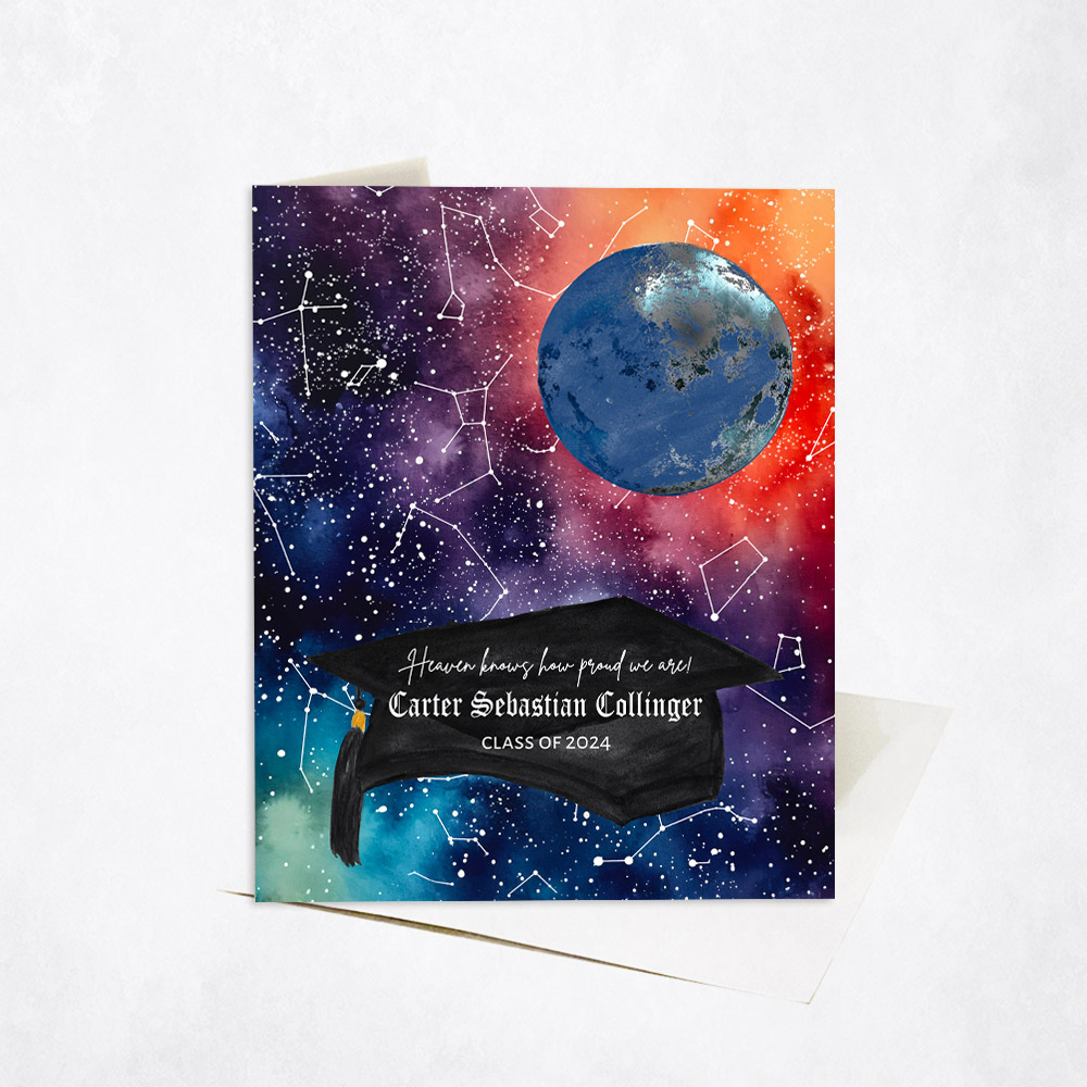 Picture of Large Multicolor Space Moon Phase Star Map Heaven Knows Quote graduation Stationery Card C-1579