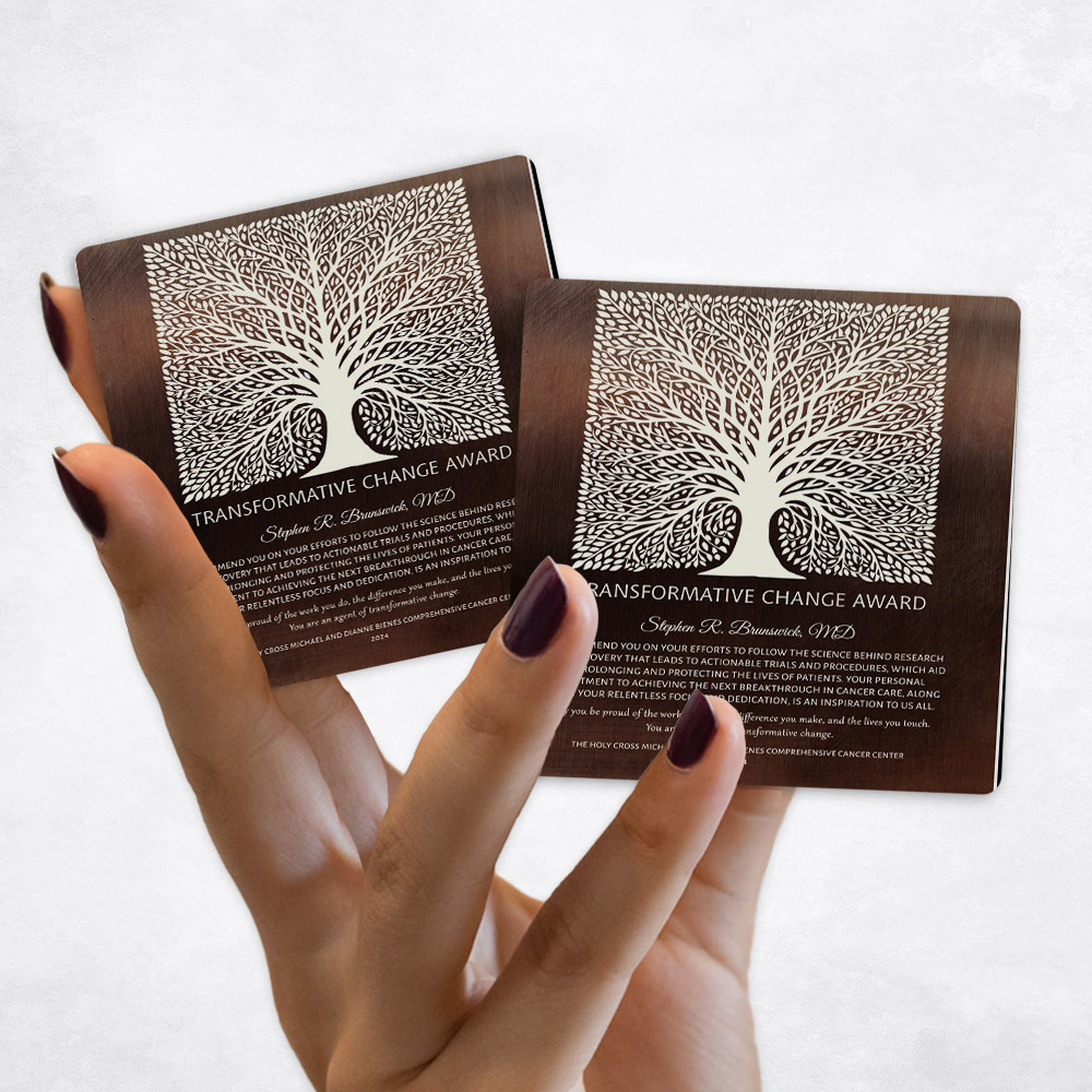 Close up picture of Medical Recognition Transformative Change Elaborate Square Tree on Bronze Magnet Set MAG-1582