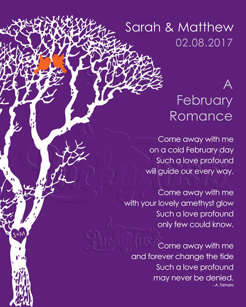 February Winter Romance Bare Tree Poem on Purple engagement Wall Plaque LTC-1702