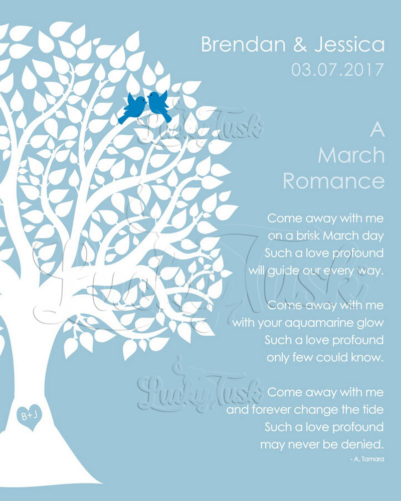 March Spring Romance Silhouette Tree Poem on Blue engagement Wall Plaque LTC-1703