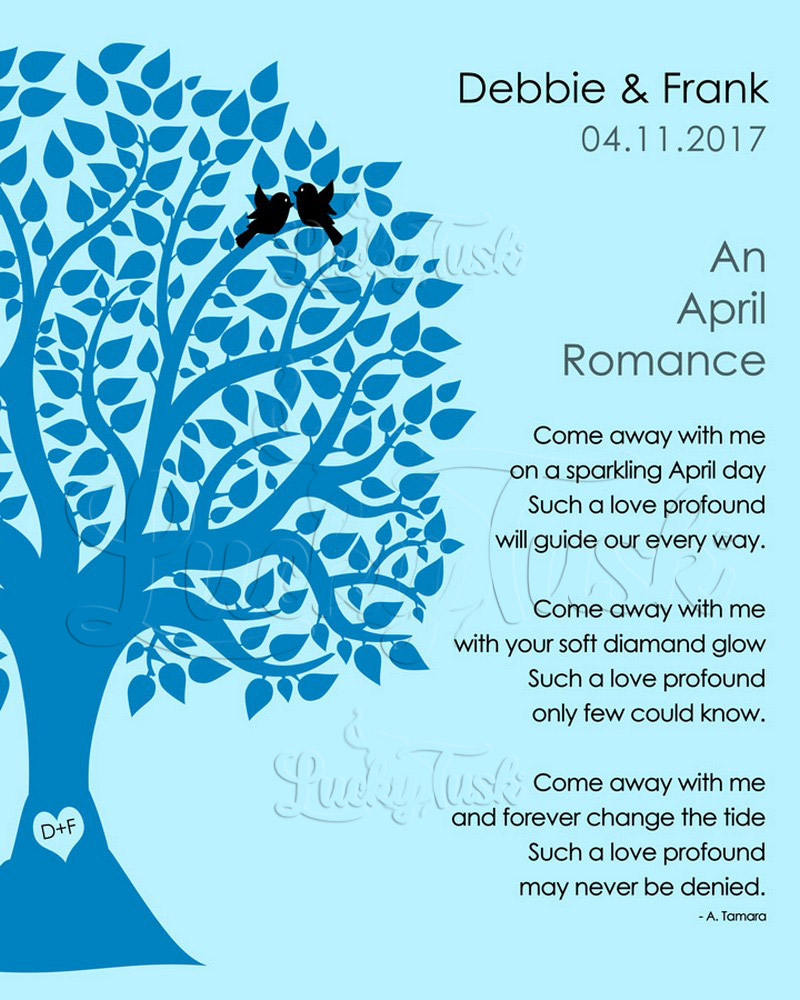 April Spring Romance Silhouette Tree Poem on Blue engagement Wall Plaque LTC-1704