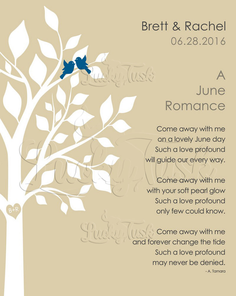 June Summer Romance Silhouette Tree Poem Blue Birds engagement Wall Plaque LTC-1706