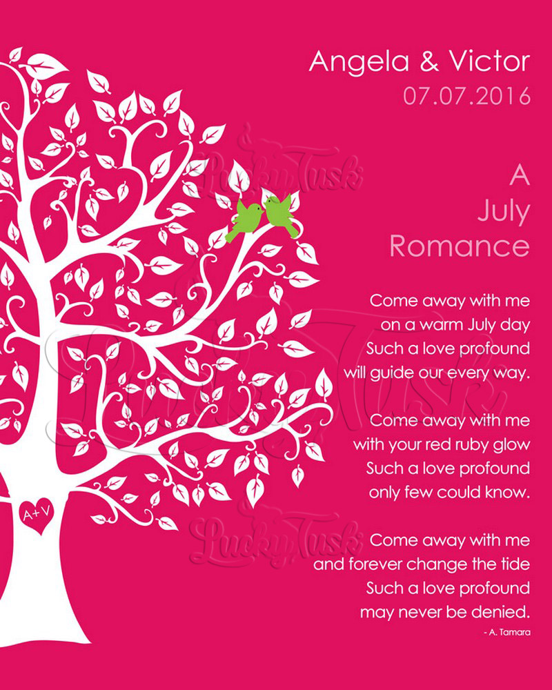 July Summer Romance Silhouette Tree Poem on Pink engagement Wall Plaque LTC-1707