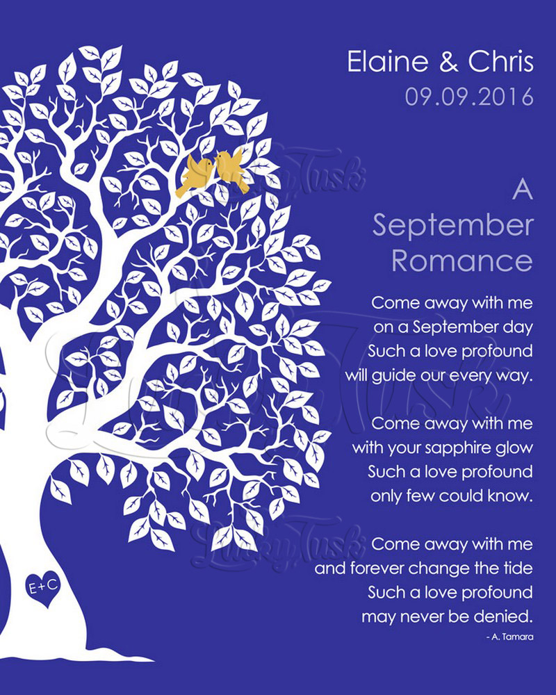 September Autumn Romance Silhouette Tree Poem on Blue engagement Wall Plaque LTC-1709