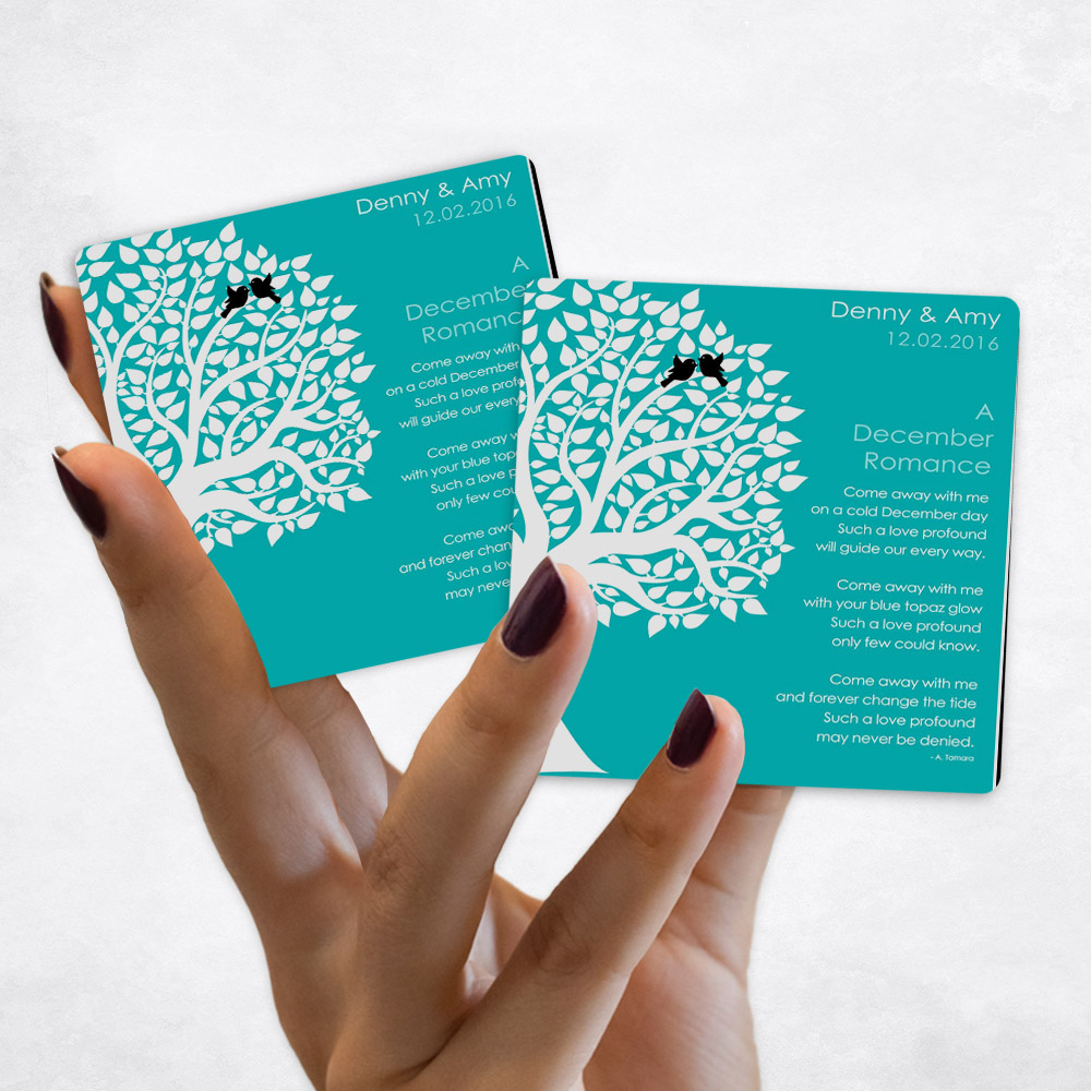 Close up picture of engagement White Silhouette Tree on Turquoise Magnet Set MAG-1712