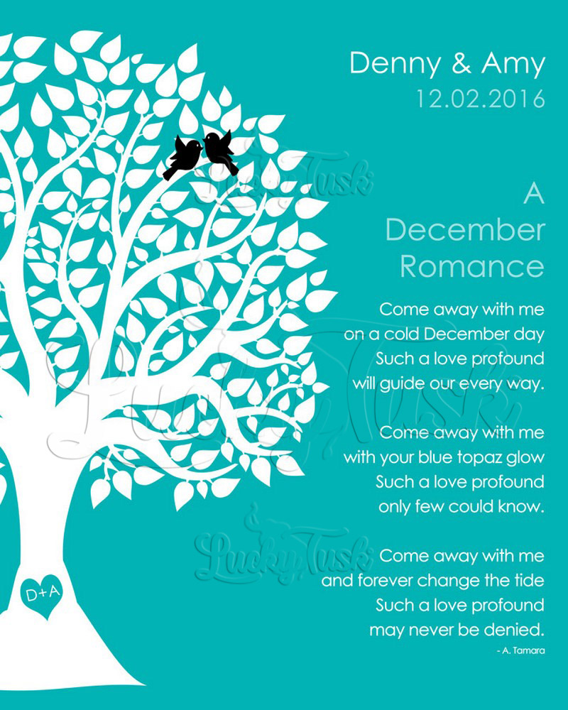 December Winter Romance Silhouette Tree Poem on Turquoise engagement Wall Plaque LTC-1712