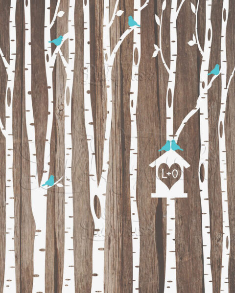Personalized Initials White Birch Trees Faux Wood Turquoise Birdhouse Anniversary Wedding Gift  #1729