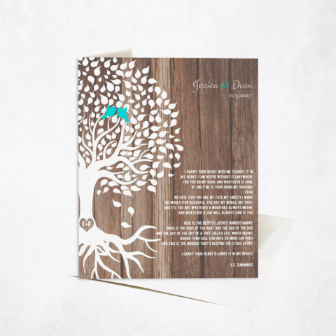 Silhouette Tree Poem with Turquoise Birds 5th anniversary Stationery Card-1730