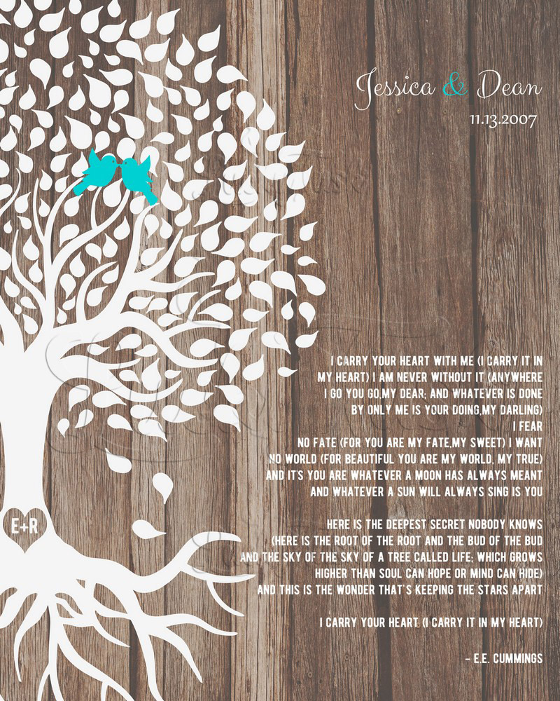 Silhouette Tree Poem with Turquoise Birds on Wood 5th anniversary Wall Plaque LTC-1730