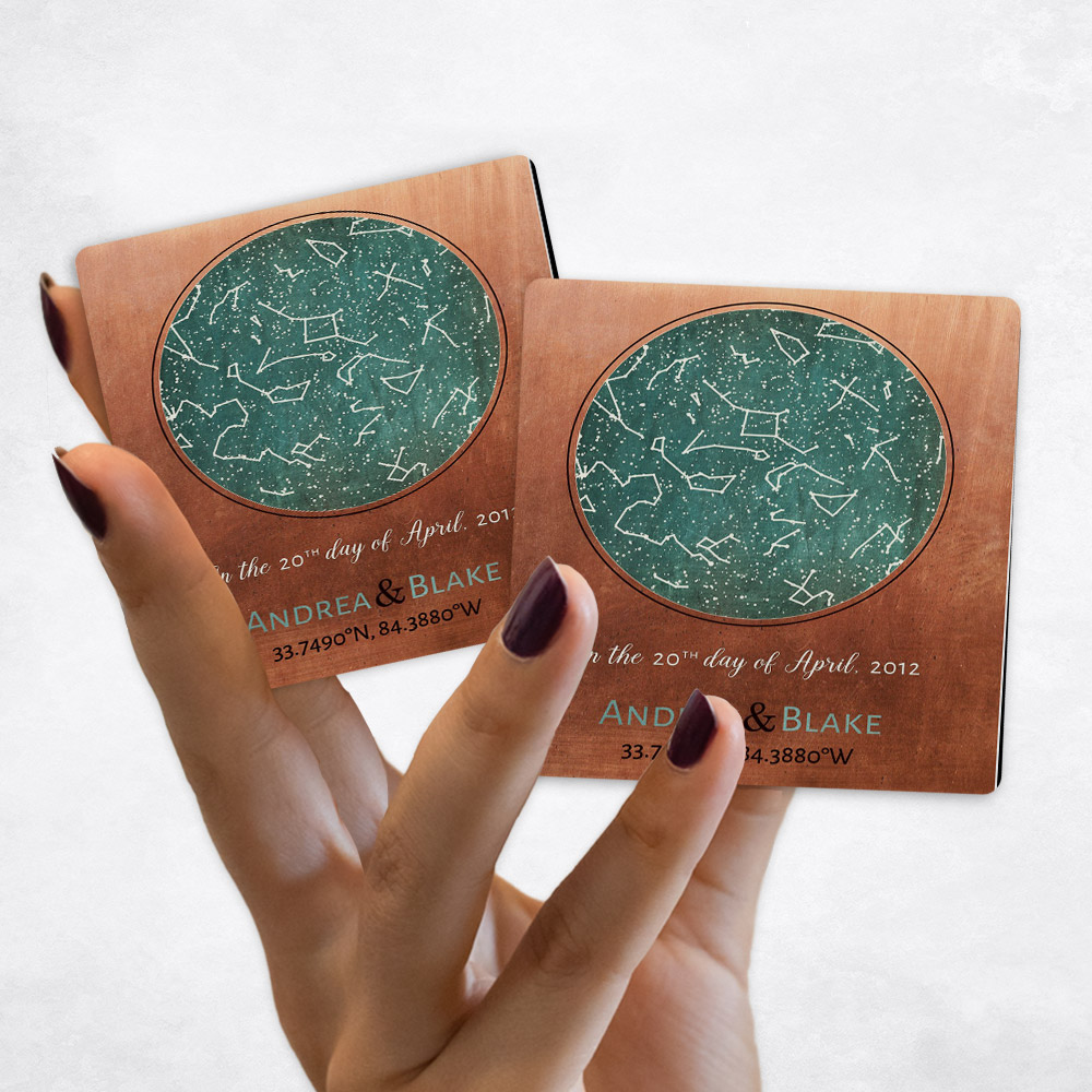 Close up picture of 7th anniversary Turquoise Star Map on Copper Magnet Set MAG-1737