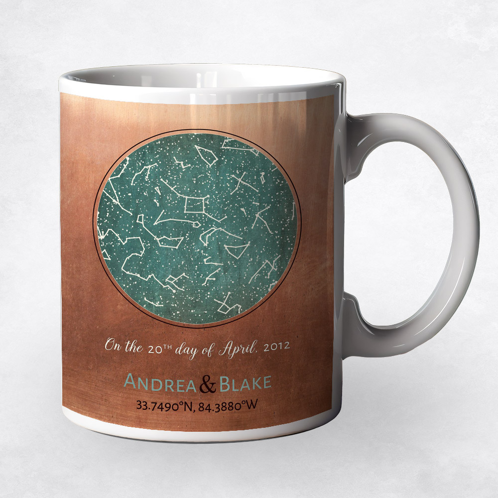 Closeup image of Turquoise Star Map Copper 7th anniversary Coffee Mug M-1737