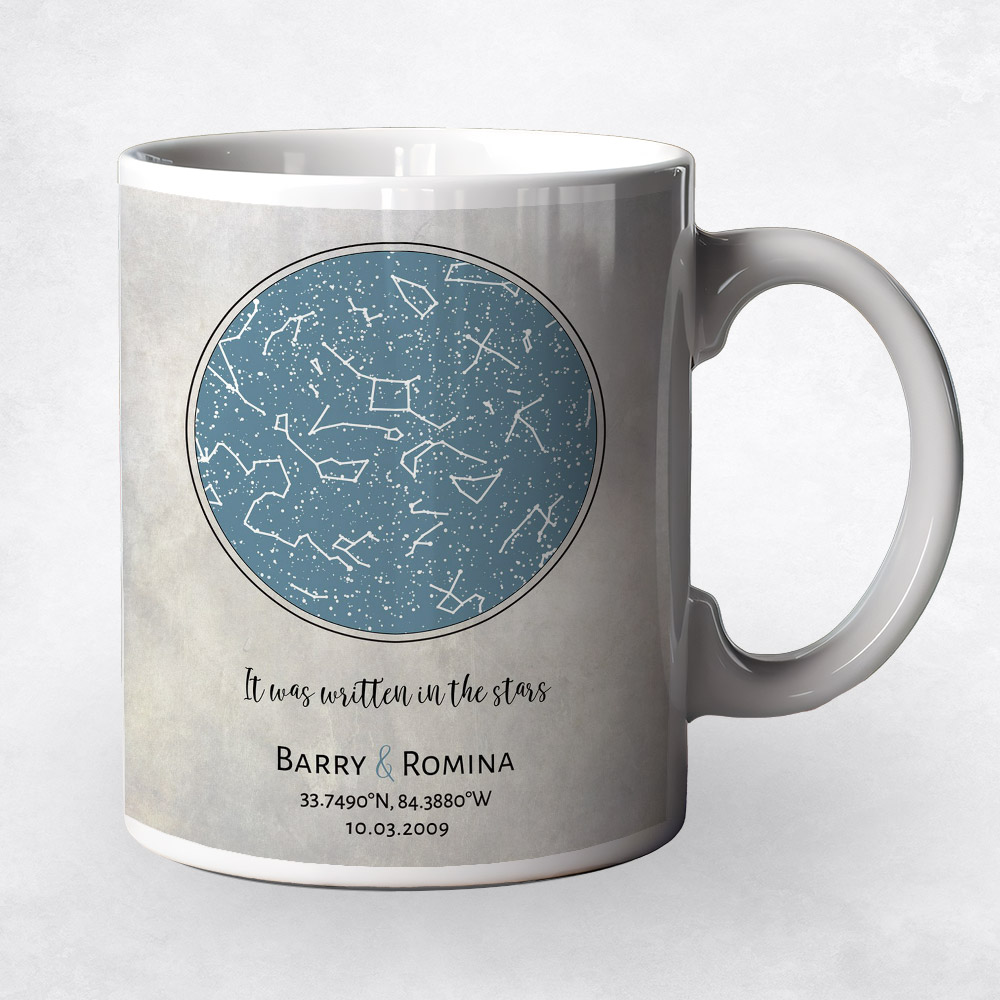 Closeup image of Baby Blue Star Map  1st anniversary Coffee Mug M-1739