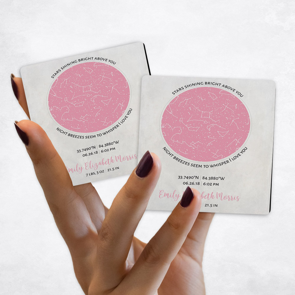 Close up picture of Baby Birth Pink Star Map on Marble Magnet Set MAG-1740