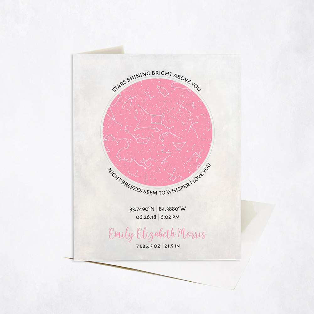 Picture of Birthday Star Map Pink Stars Shining Bright Above You Baby Birth Stationery Card C-1740