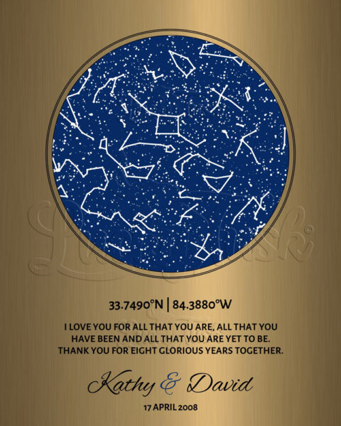 8 Year Anniversary, Custom Star Map, Constellation , Personalized Gift, Brass Anniversary, Night Sky Print, Wedding Day, Star Chart #1742