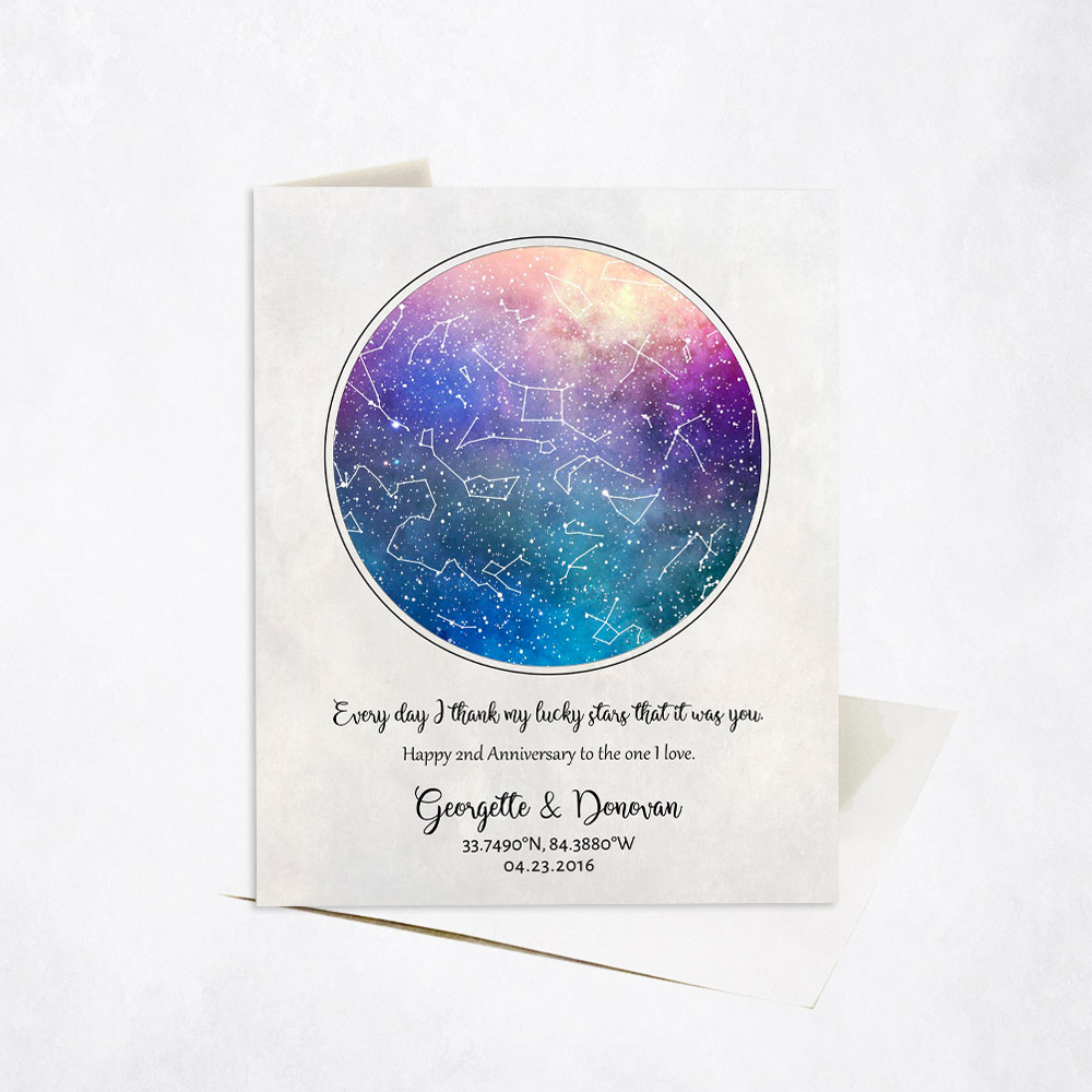 Picture of Multicolor Custom Star Map Thank My Lucky Stars Quote 2nd anniversary Stationery Card C-1751