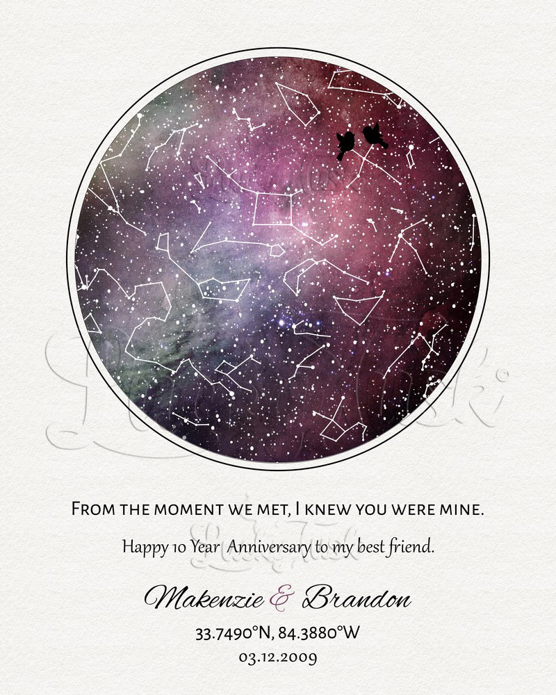 Magenta Custom Star Map and Coordinates I Knew You Were Mine Quote Cotton 10th anniversary Wall Plaque LTC-1752