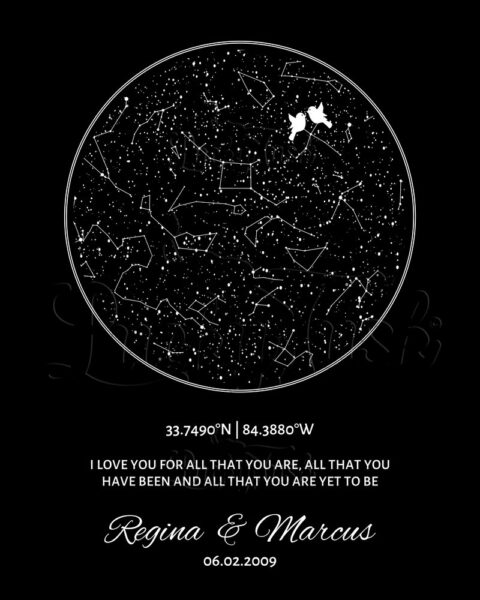10 Year Anniversary, Custom Star Map, Black and White, White Doves, Constellation , Night Sky Print, Wedding Gift, Astrology Gift #1761