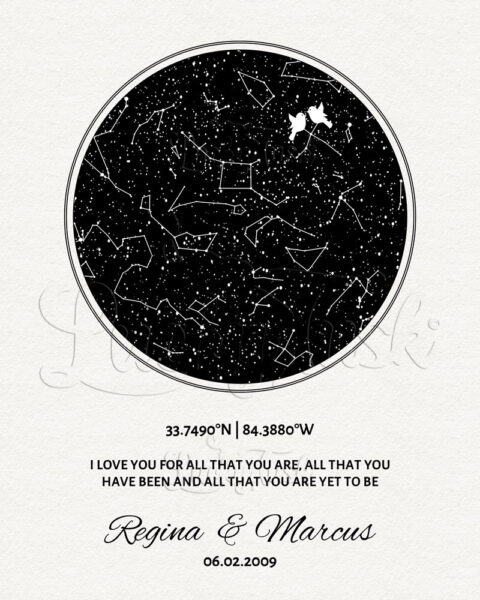 11 Year Anniversary, Custom Star Map, White and Black, White Doves, Constellation , Night Sky Print, Wedding Gift, Astrology Gift #1762