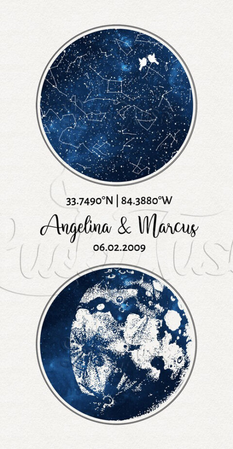 Star Map, Moon Phase, 2 Year Anniversary, Personalized Gift, Actual, Celestial, Watercolor, Night Sky Print #1763