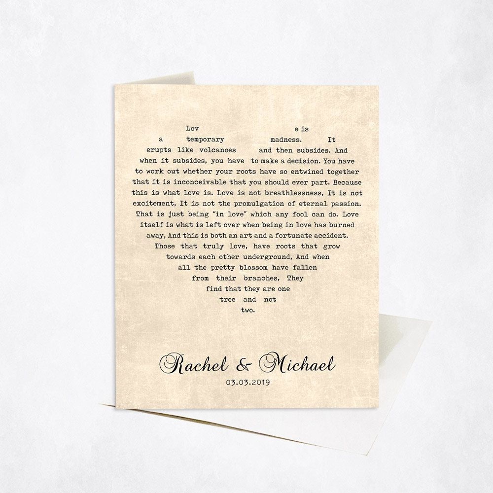 Picture of Wedding Song Lyrics in Heart Shape Minimalist 1st anniversary Stationery Card C-1783