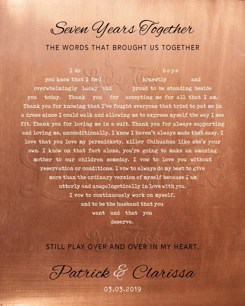 Our Song Lyrics in Heart Shape Seven Years Together on Copper 7th anniversary Wall Plaque LTC-1785